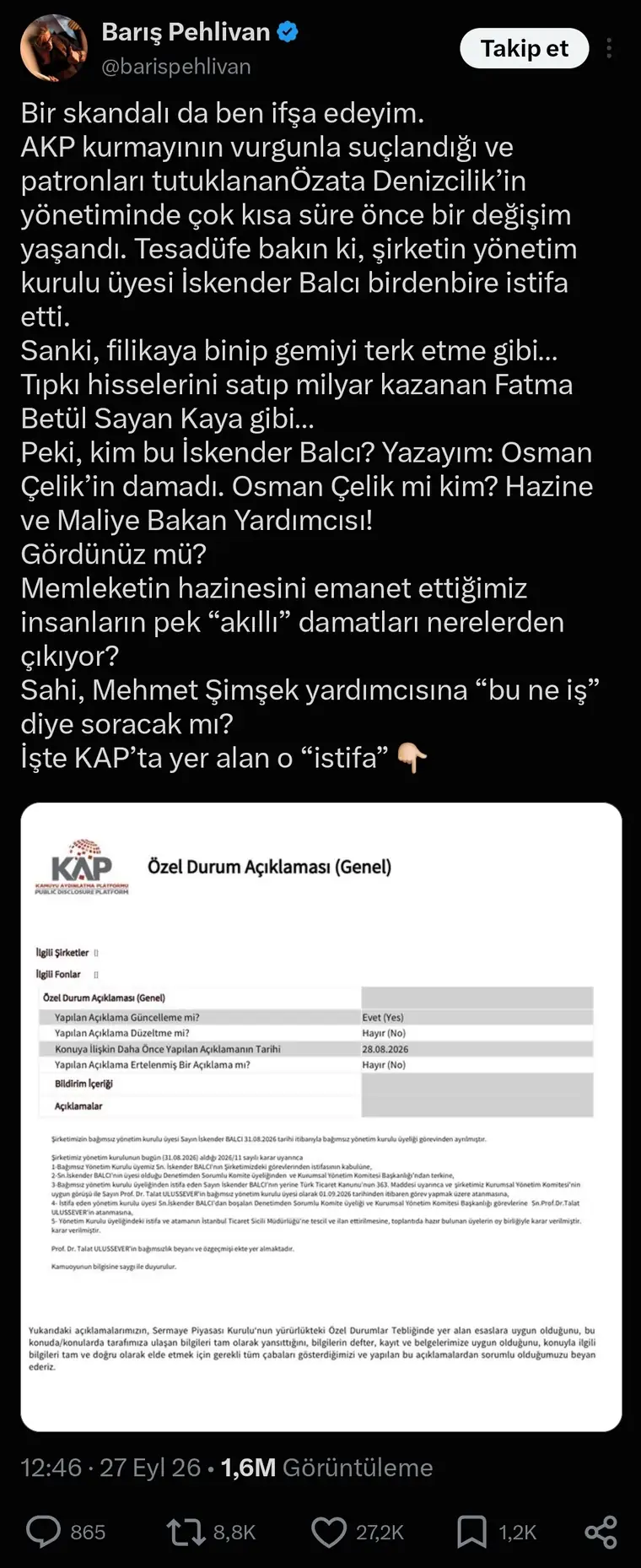 K2 — Balcı istifası ve KAP ekran görüntüsü ekran görüntüsü