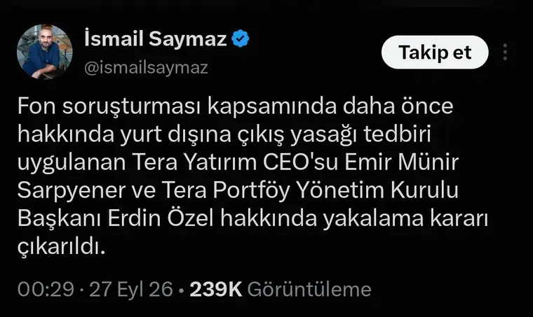 K0 — Yakalama kararı duyurusu ekran görüntüsü