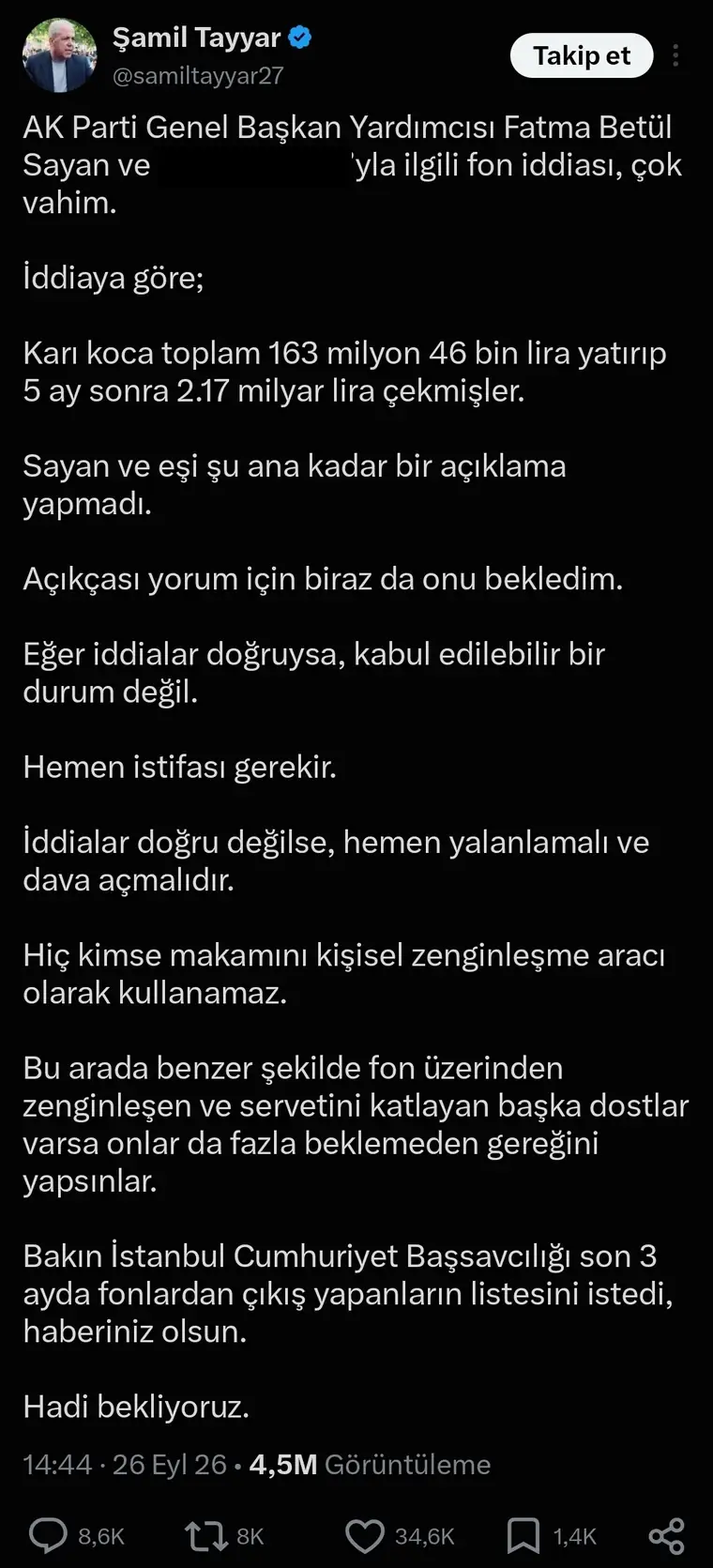 K6 — Tayyar'ın istifa çağrısı ekran görüntüsü